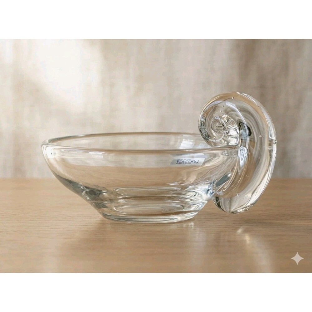 Vintage Toscany Hand Blown Glass Bowl Nautilus Scroll Handle Clear Art Dish 7"